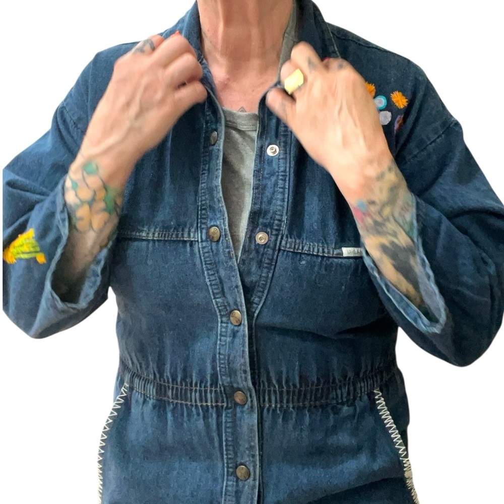 Hand embroidered Dreams custom Blue Denim Mechanic Jumpsuit Coveralls - Picture 8 of 12